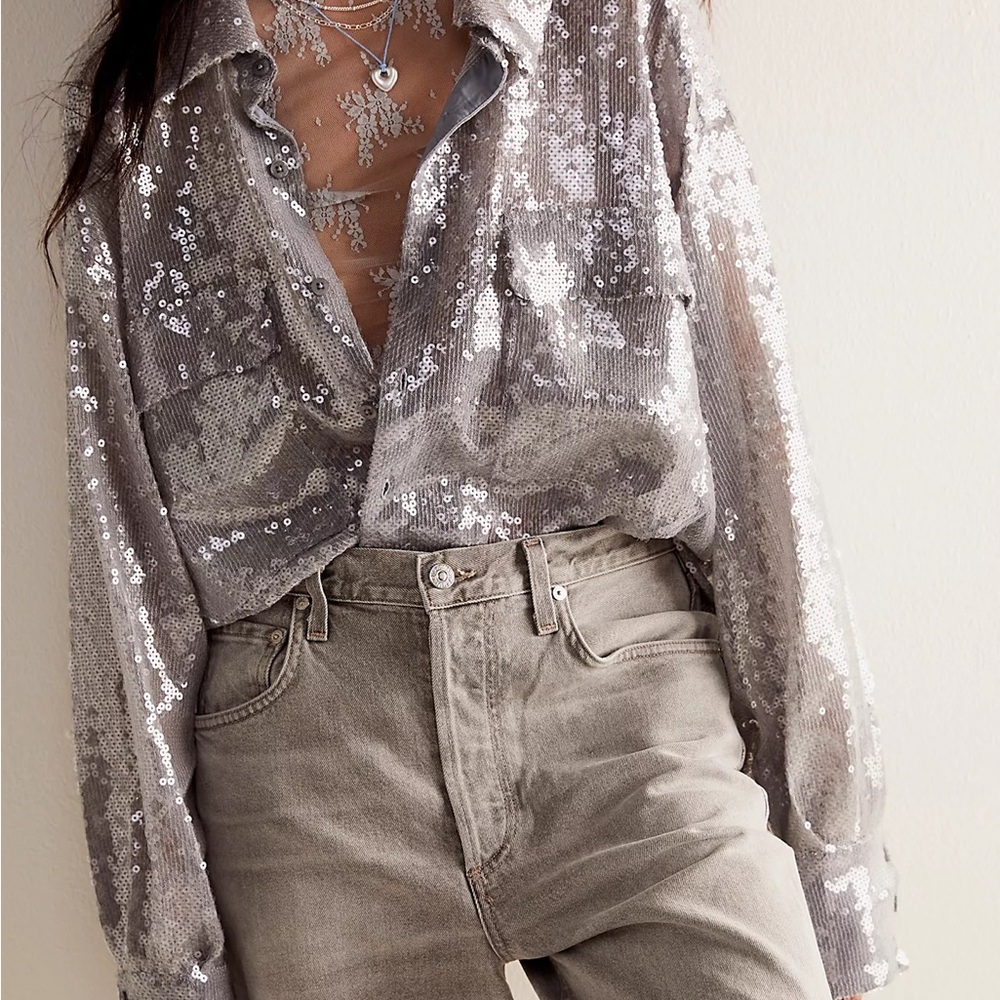FREE PEOPLE Disco Margarita Button Down Shirt Oversized L Plus Size Sequin Glam